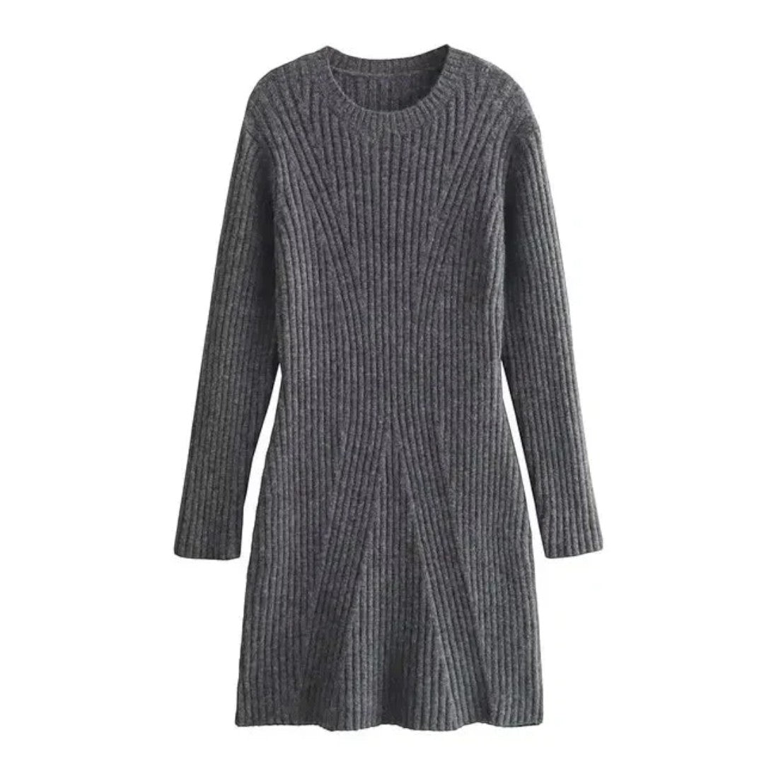 Vestido de Invierno de Punto Canalé con Cuello Redondo para Mujer | Mini