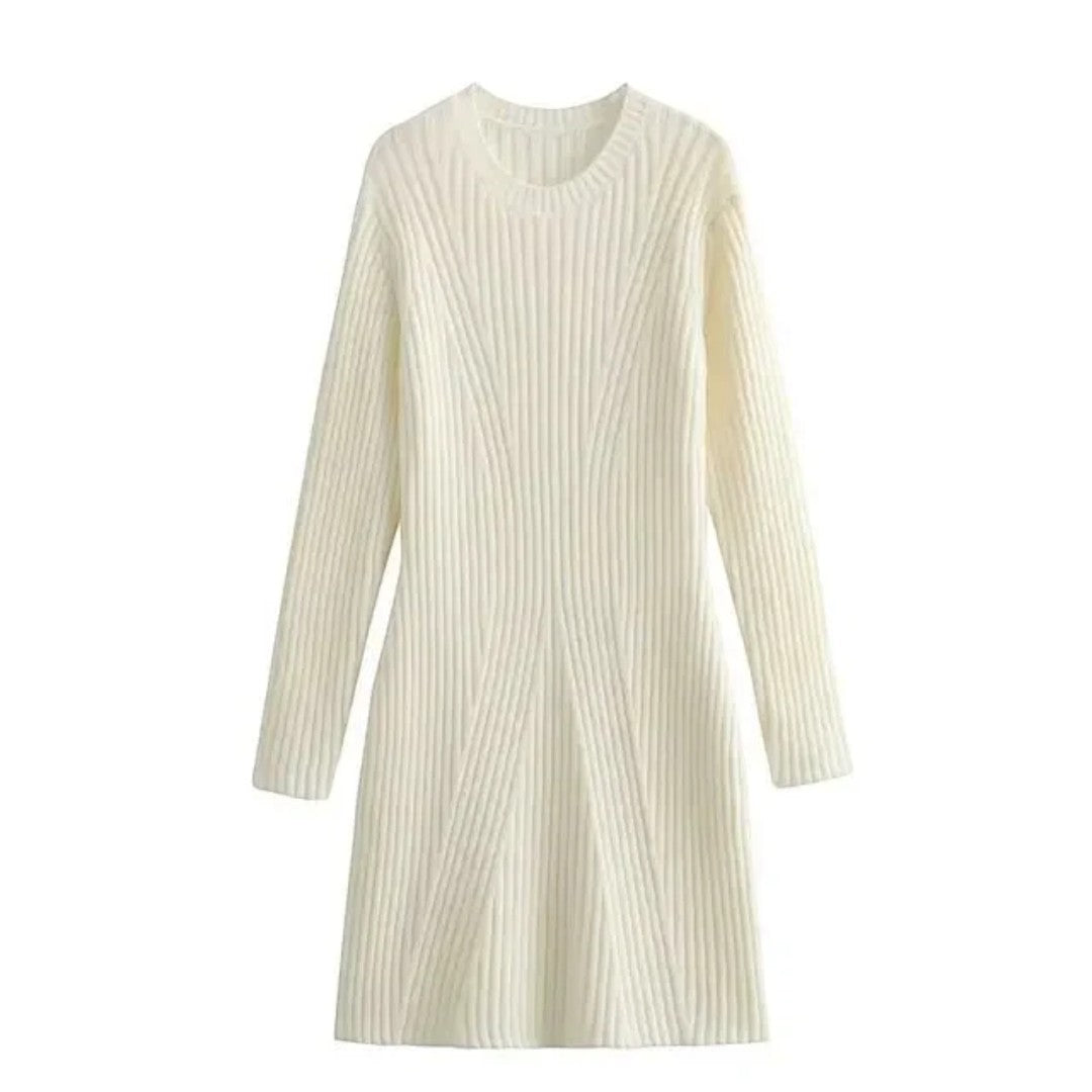 Vestido de Invierno de Punto Canalé con Cuello Redondo para Mujer | Mini