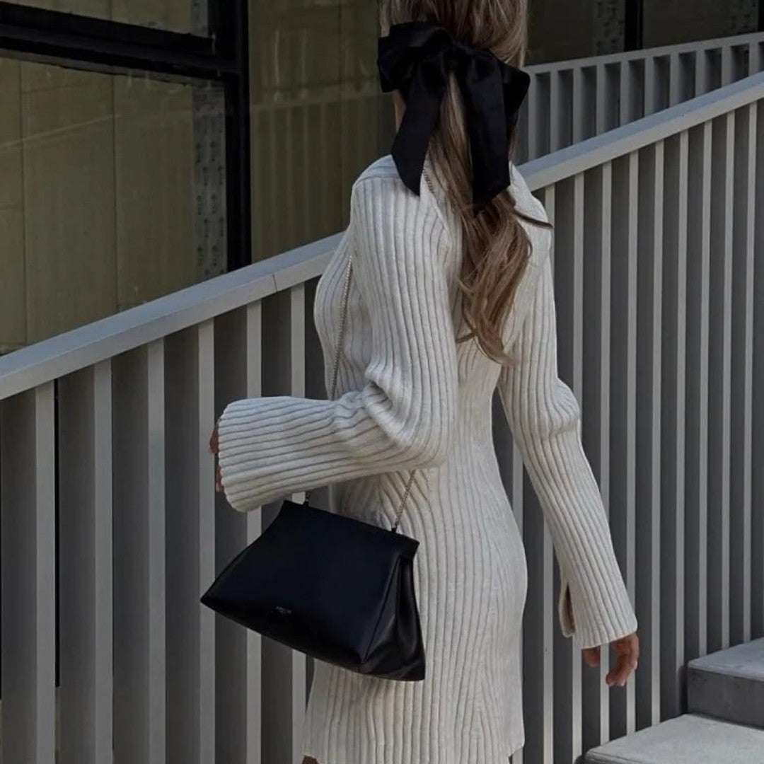Vestido de Invierno de Punto Canalé con Cuello Redondo para Mujer | Mini