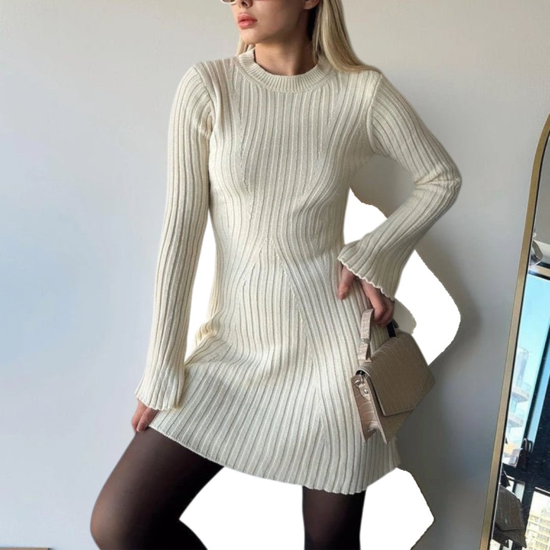 Vestido de Punto Canalé con Mangas Largas para Mujer | Mini