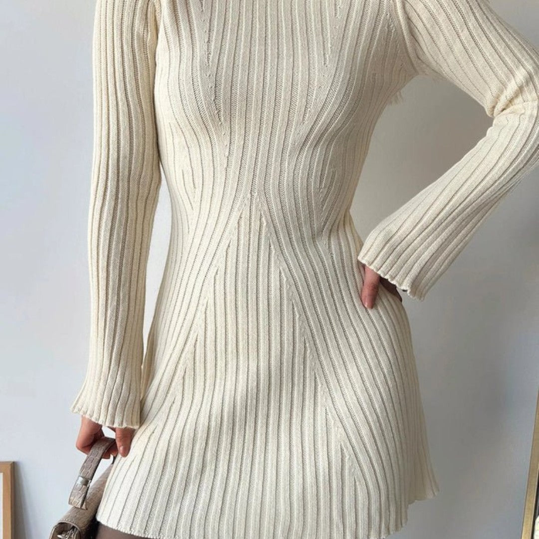 Vestido de Punto Canalé con Mangas Largas para Mujer | Mini